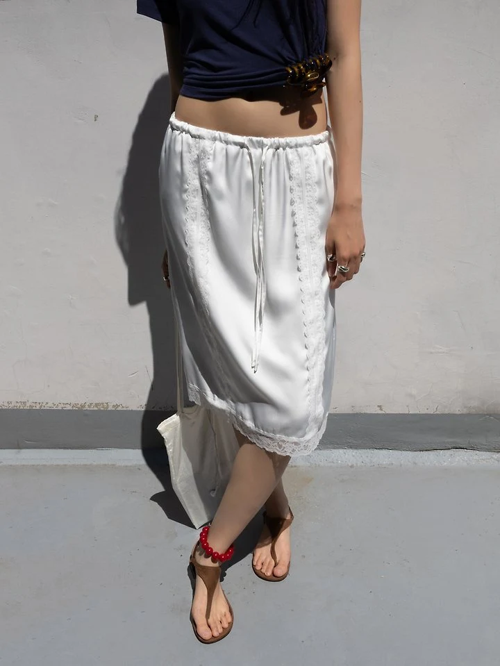 Inssense - Korean Women Fashion - #pursuepretty - Lace Trim Silky Midi Skirt - 3