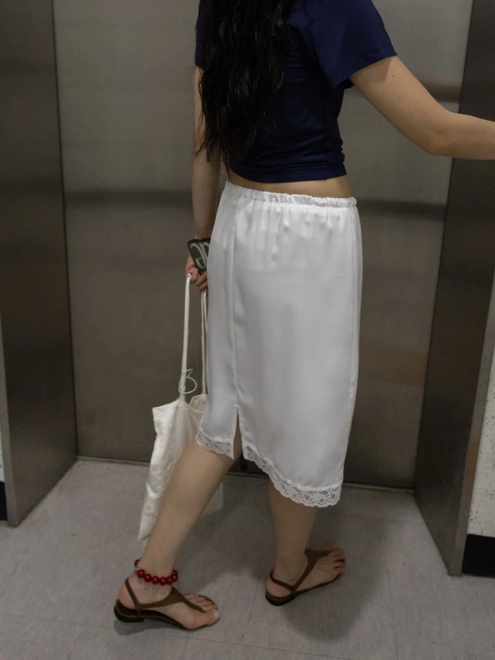 Inssense - Korean Women Fashion - #romanticstyle - Lace Trim Silky Midi Skirt - 5