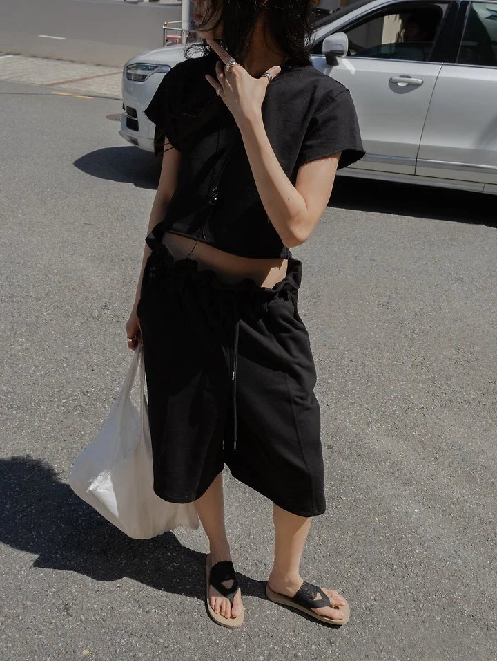 Inssense - Korean Women Fashion - #romanticstyle - Summer Ruffle Waist Sweat Bermuda Shorts - 2