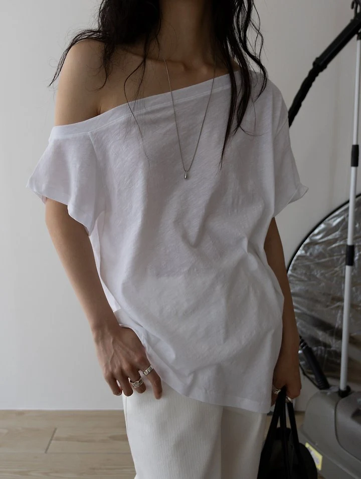 Inssense - Korean Women Fashion - #thatsdarling - Slub Asymmetric Slit Off-Shoulder Top - 4