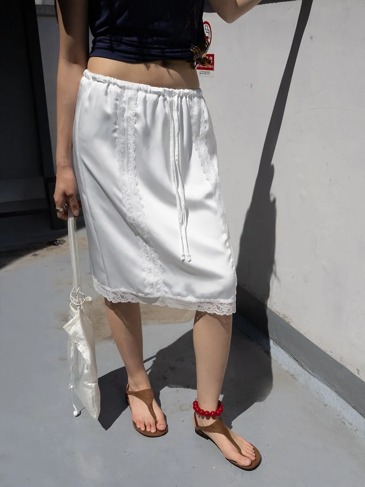 Inssense - Korean Women Fashion - #vintageinspired - Lace Trim Silky Midi Skirt