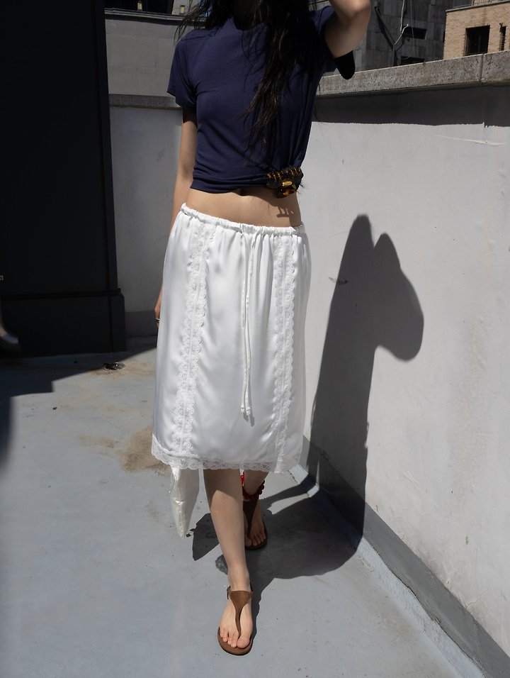 Inssense - Korean Women Fashion - #vintagekidsstyle - Lace Trim Silky Midi Skirt - 2