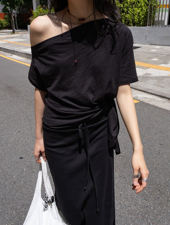 Inssense - Korean Women Fashion - #vintagekidsstyle - Slub Asymmetric Slit Off-Shoulder Top