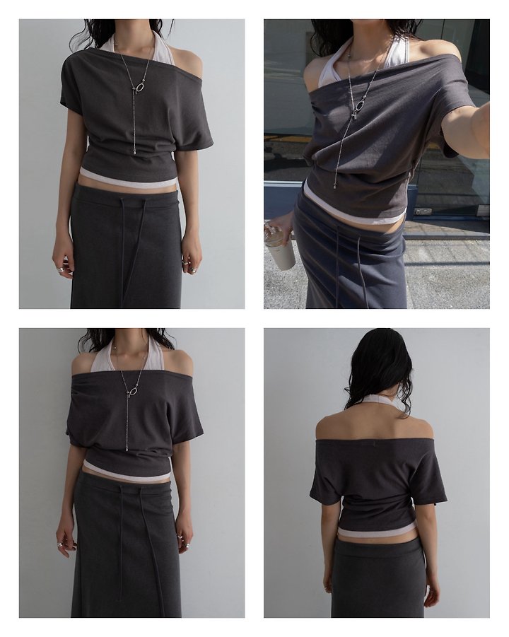 Inssense - Korean Women Fashion - #womensfashion - Two-Way Halter Layered Asymmetric Short-Sleeve Top - 2