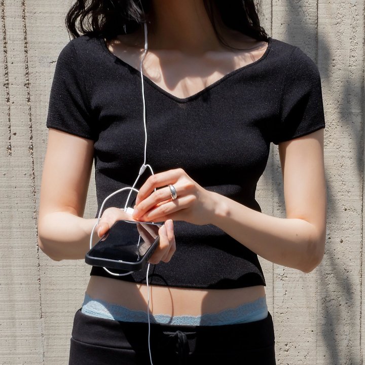 Inssense - Korean Women Fashion - #womensfashion - Heart-Neck Slim Knit Short-Sleeve Top