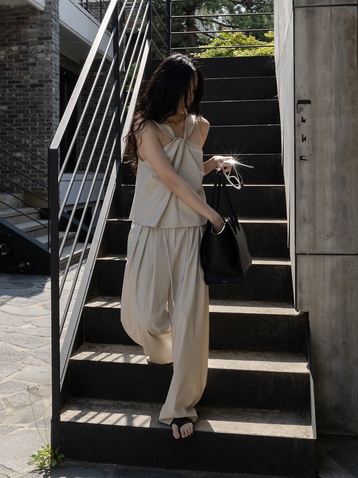 Inssense - Korean Women Fashion - #momslook - Pinstripe Knot Two-Way Blouse - 4