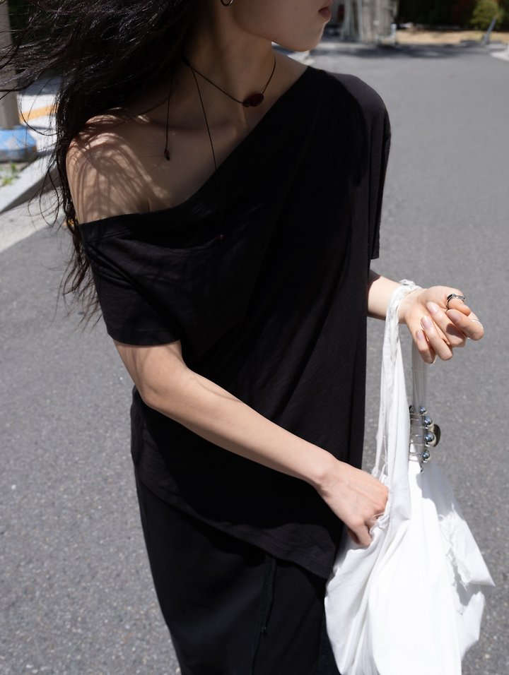 Inssense - Korean Women Fashion - #womensfashion - Slub Asymmetric Slit Off-Shoulder Top - 9