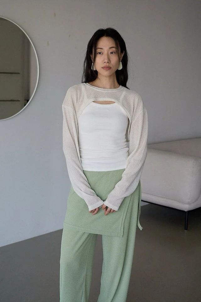 Lenoii - Korean Women Fashion - #restrostyle - Latte Linen Bolero Tee - 2