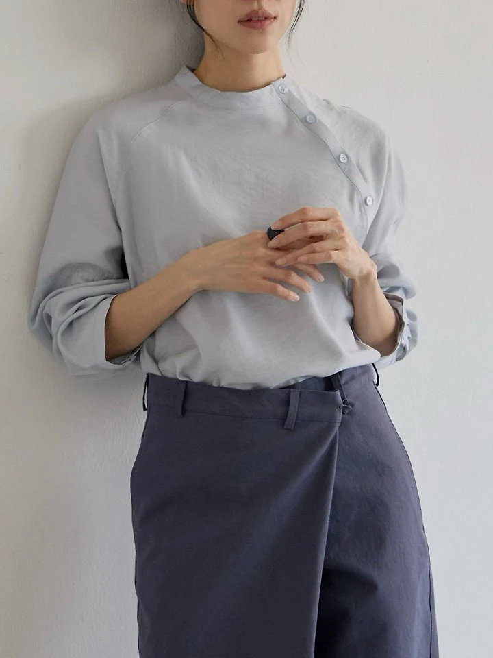 Lenoii - Korean Women Fashion - #romanticstyle - Diagonal Button Satin Blouse - 10