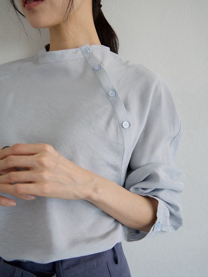 Lenoii - Korean Women Fashion - #shopsmall - Diagonal Button Satin Blouse - 11
