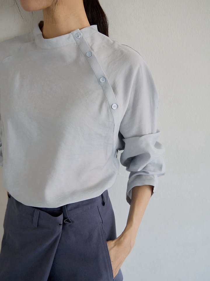Lenoii - Korean Women Fashion - #thatsdarling - Diagonal Button Satin Blouse - 12