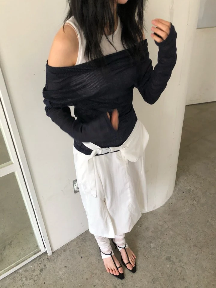 Ore - Korean Women Fashion - #momslook - Draped Shoulder Knit Top - 5