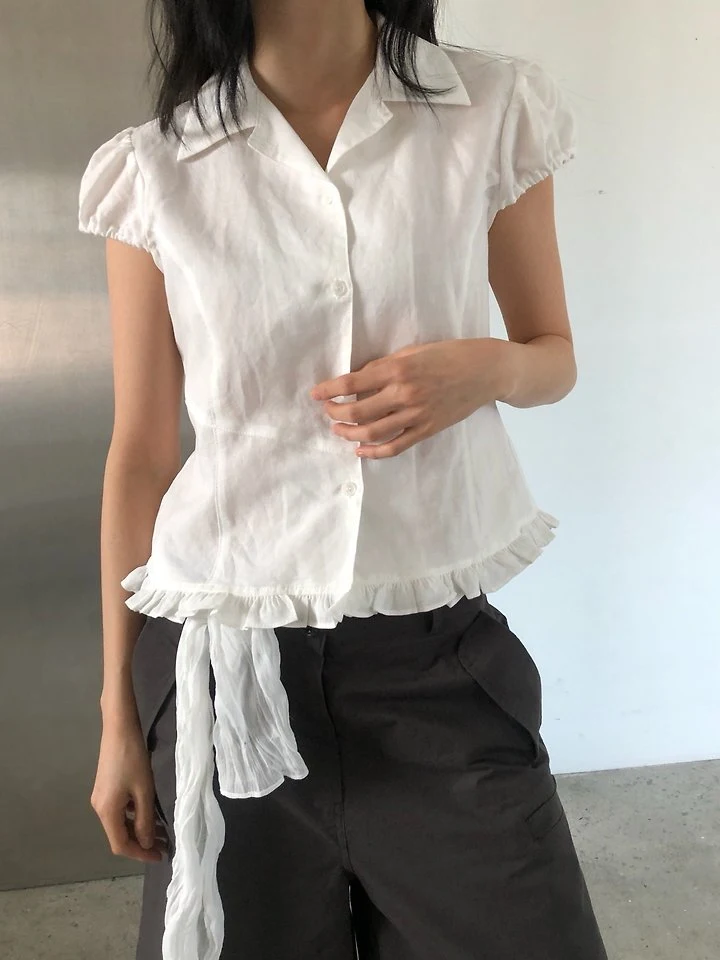 Ore - Korean Women Fashion - #momslook - Linen Cap-Sleeve Blouse - 12