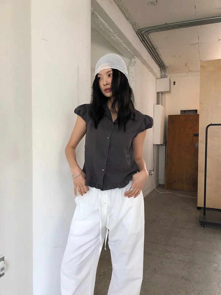 Ore - Korean Women Fashion - #momslook - Linen Cap-Sleeve Blouse - 2