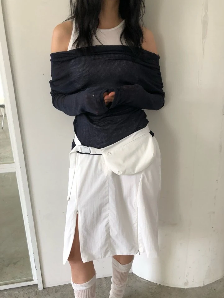 Ore - Korean Women Fashion - #vintageinspired - Draped Shoulder Knit Top - 7