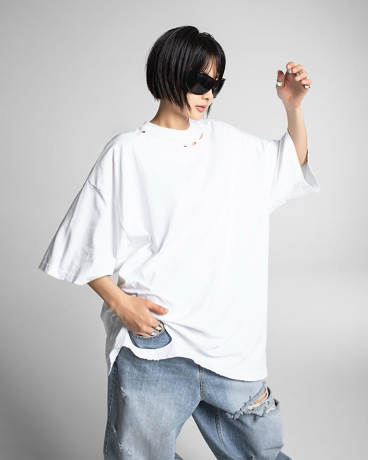 Paper Moon - Korean Women Fashion - #momslook - Oversized Pigment-Washed Cut Detail Tee