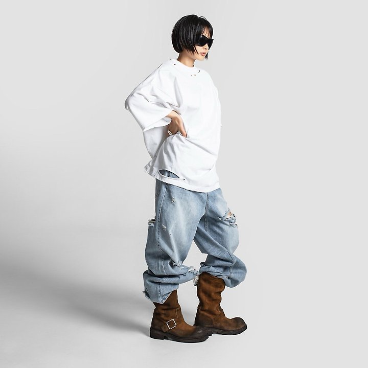 Paper Moon - Korean Women Fashion - #momslook - Oversized Pigment-Washed Cut Detail Tee - 3