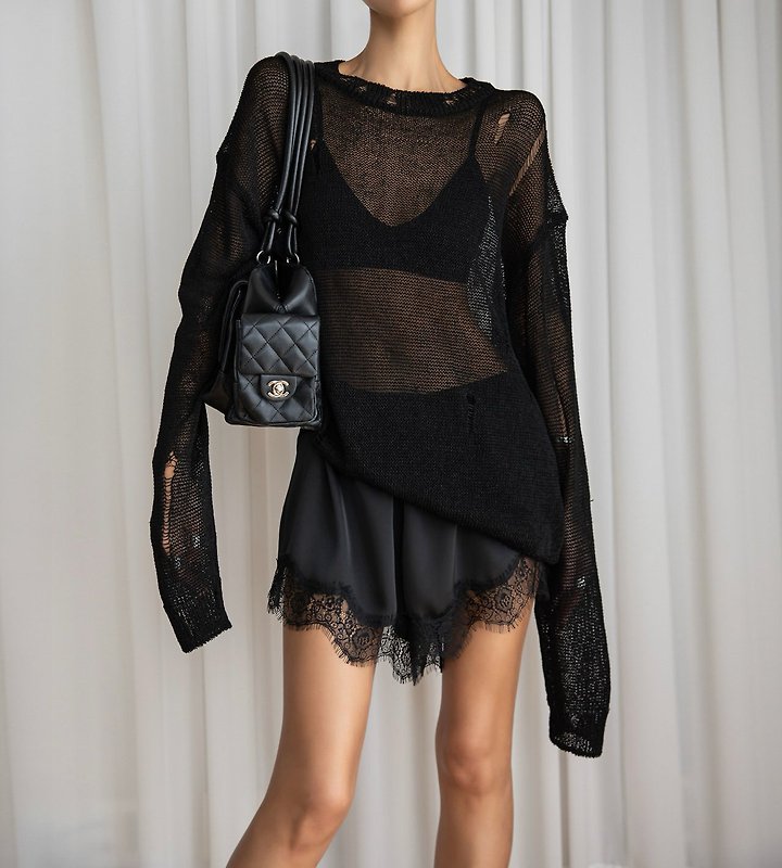 Paper Moon - Korean Women Fashion - #momslook - Distressed Sheer Linen Knit Top