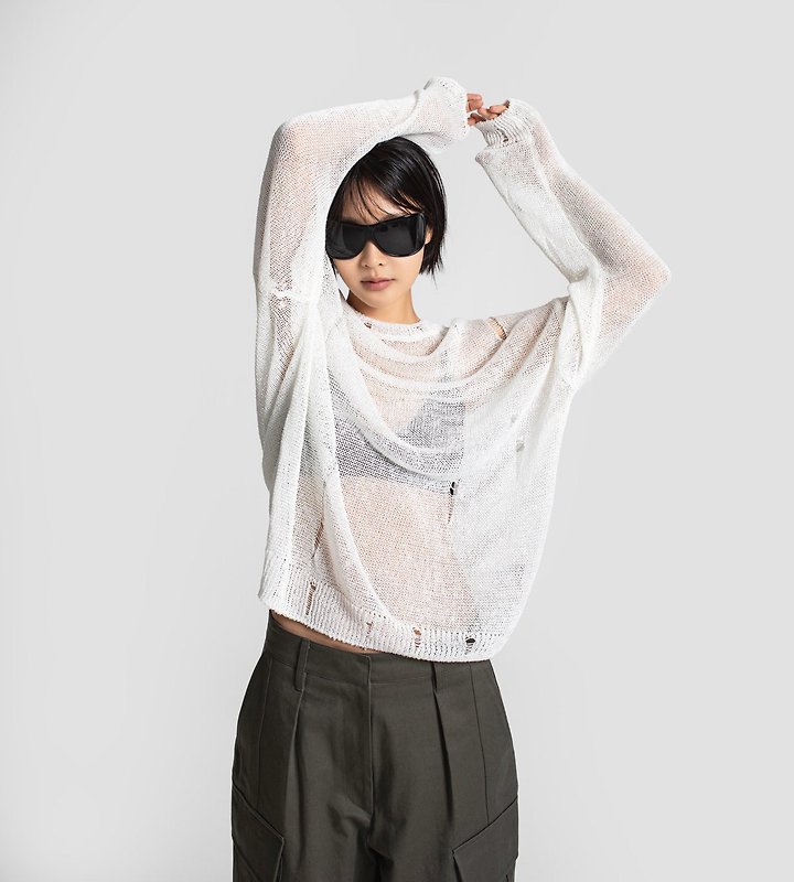 Paper Moon - Korean Women Fashion - #womensfashion - Distressed Sheer Linen Knit Top - 4