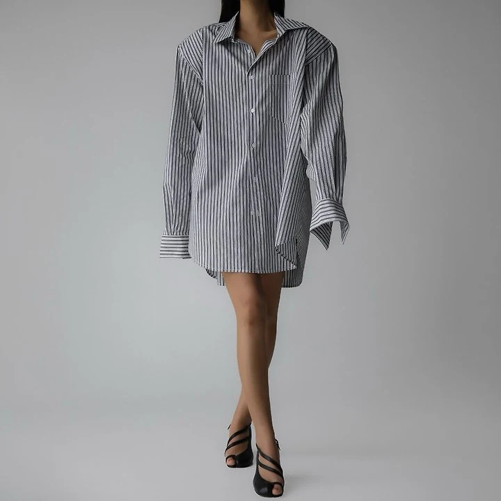 Paper Moon - Korean Women Fashion - #momslook - Boyfriend-Fit Oversized Stripe Button-Down Shirt - 3