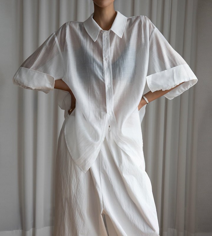 Paper Moon - Korean Women Fashion - #momslook - Soft Sheer Stripe Half-Sleeve Shirt