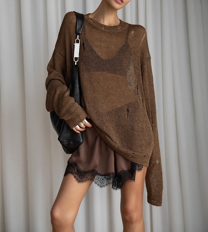 Paper Moon - Korean Women Fashion - #momslook - Distressed Sheer Linen Knit Top