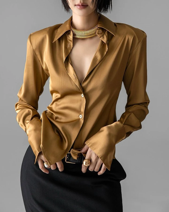 Paper Moon - Korean Women Fashion - #momslook - Classic Slim-Fit Satin Shirt