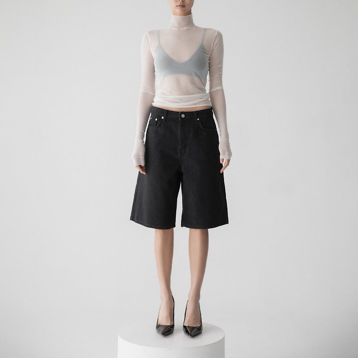 Paper Moon - Korean Women Fashion - #momslook - Classic Wide Bermuda Washed Black Denim Trousers