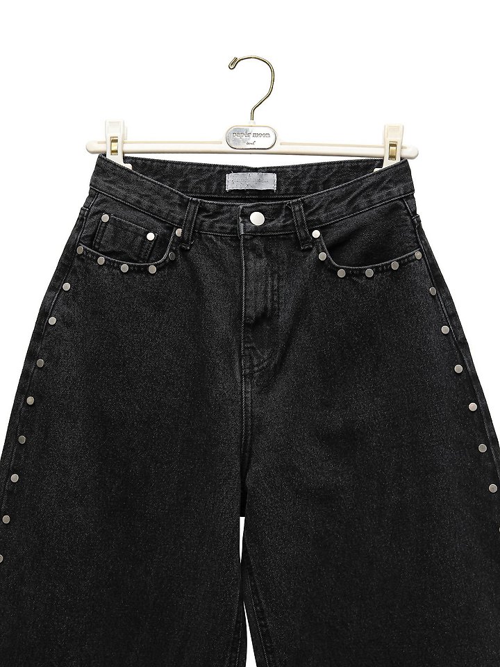 Paper Moon - Korean Women Fashion - #momslook - Stud Detail Washed Black Wide Denim Pants - 10