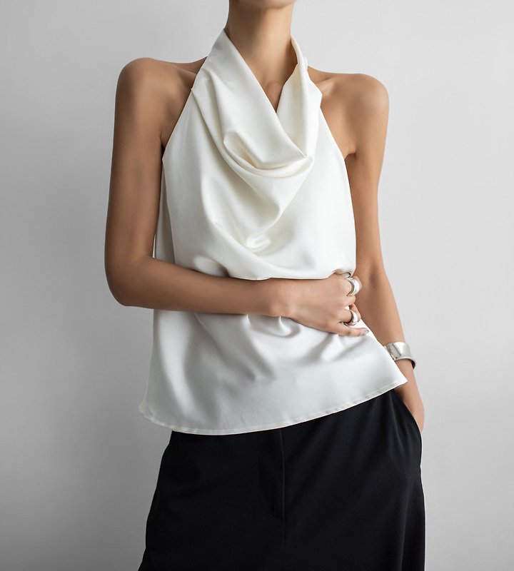 Paper Moon - Korean Women Fashion - #momslook - Classic Satin Halter Neck Blouse - 3