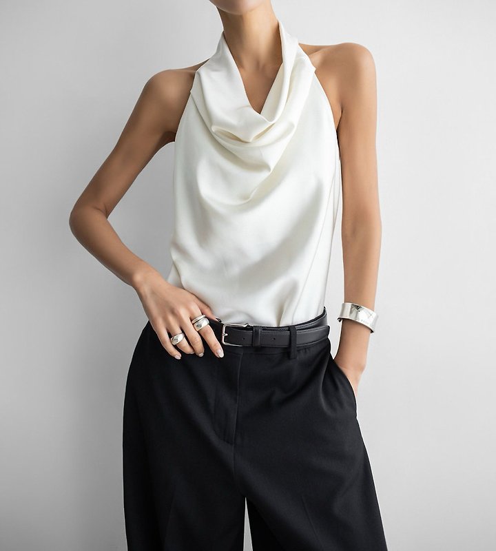 Paper Moon - Korean Women Fashion - #momslook - Classic Satin Halter Neck Blouse - 5