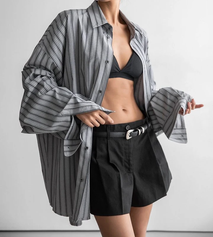 Paper Moon - Korean Women Fashion - #momslook - Oversized Striped Pocket Button-Down Shirt - 5