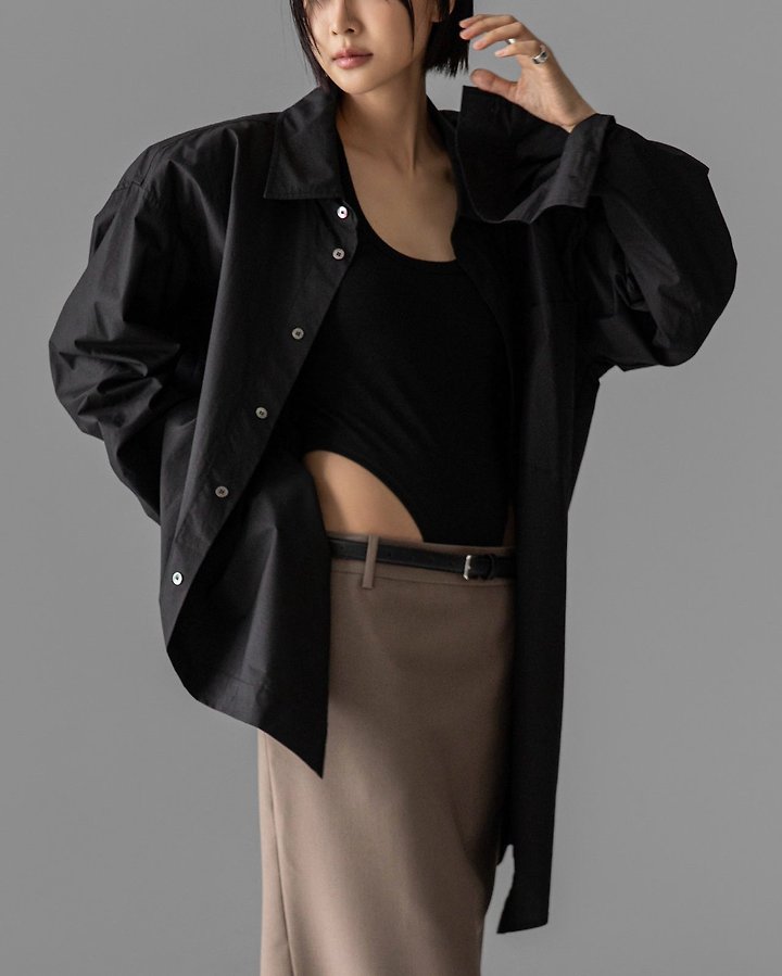 Paper Moon - Korean Women Fashion - #momslook - Maxi Oversized Padded-Shoulder Cotton Button-Down Shirt - 3