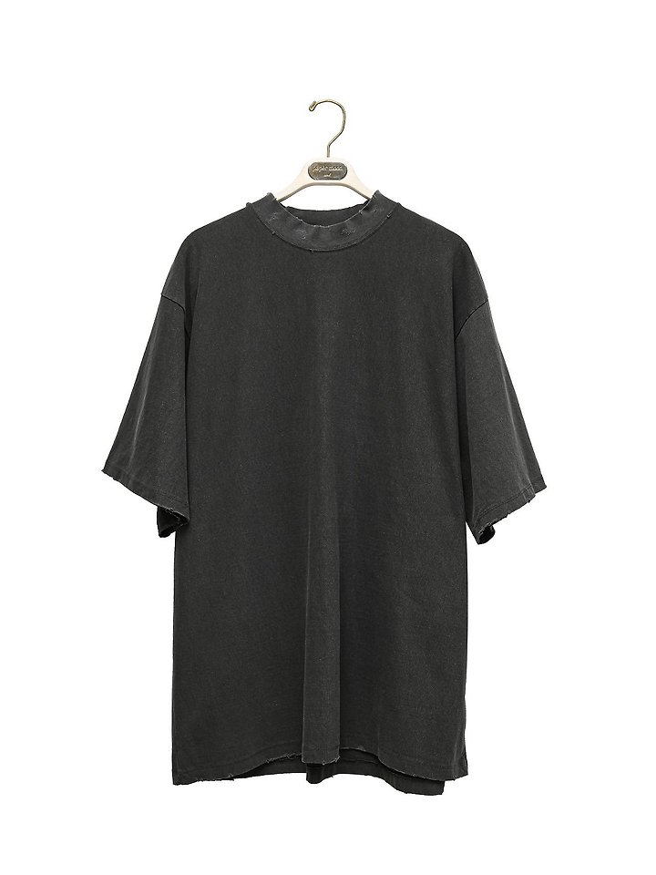 Paper Moon - Korean Women Fashion - #momslook - Mock Neck Ribbed Oversized Pigment Tee with Distressed Detail - 10
