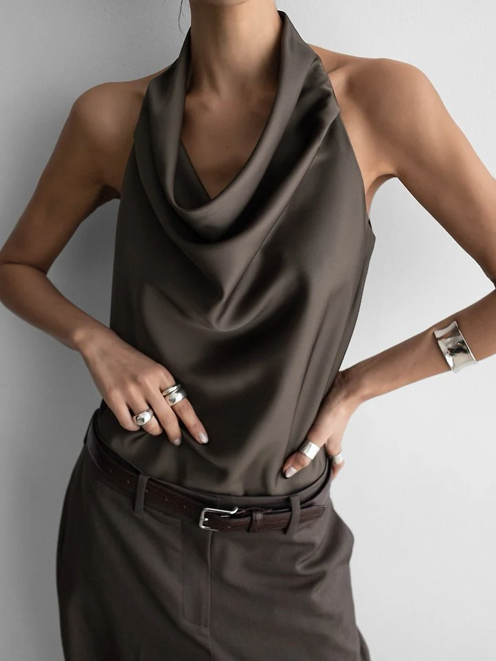 Paper Moon - Korean Women Fashion - #thelittlethings - Classic Satin Halter Neck Blouse - 4