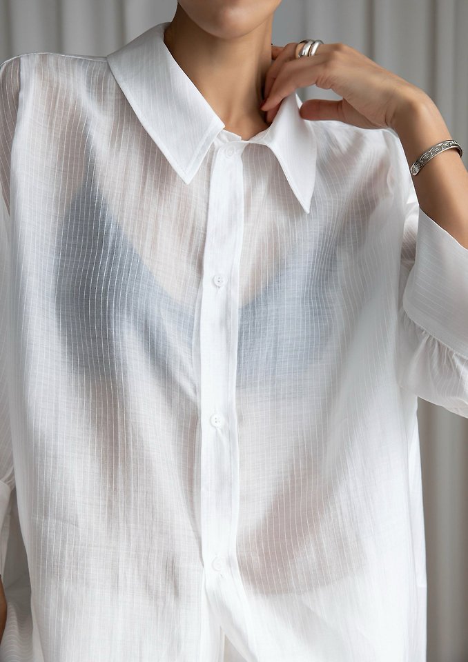 Paper Moon - Korean Women Fashion - #pursuepretty - Soft Sheer Stripe Half-Sleeve Shirt - 7