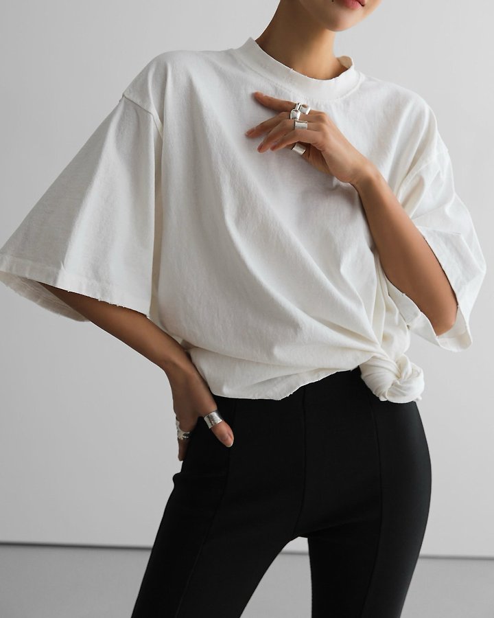 Paper Moon - Korean Women Fashion - #pursuepretty - Mock Neck Ribbed Oversized Pigment Tee with Distressed Detail - 2