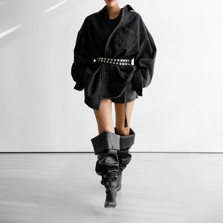 Paper Moon - Korean Women Fashion - #restrostyle - Maxi Oversized Washed Denim Button-Down Shirt