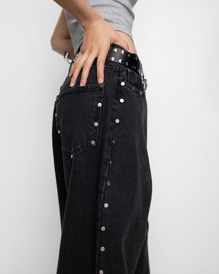 Paper Moon - Korean Women Fashion - #restrostyle - Stud Detail Washed Black Wide Denim Pants - 5