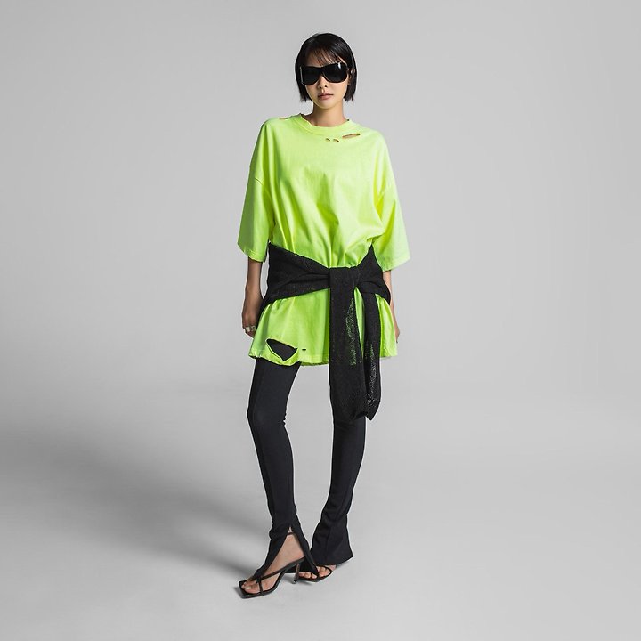 Paper Moon - Korean Women Fashion - #restrostyle - Oversized Pigment-Washed Cut Detail Tee - 2