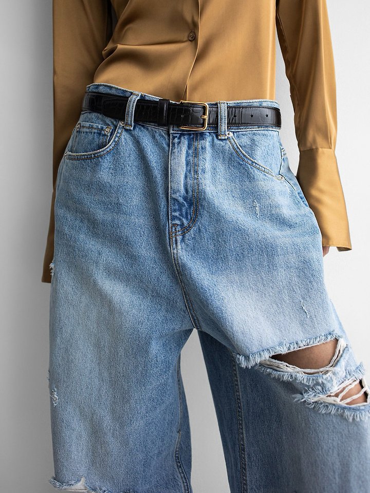 Paper Moon - Korean Women Fashion - #restrostyle - Vintage Distressed Wide-Leg Denim - 2