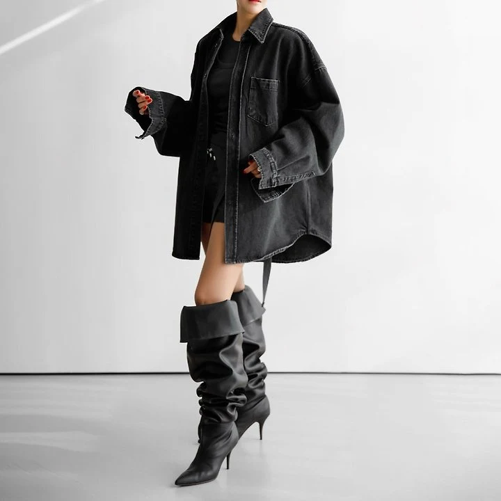 Paper Moon - Korean Women Fashion - #romanticstyle - Maxi Oversized Washed Denim Button-Down Shirt - 2