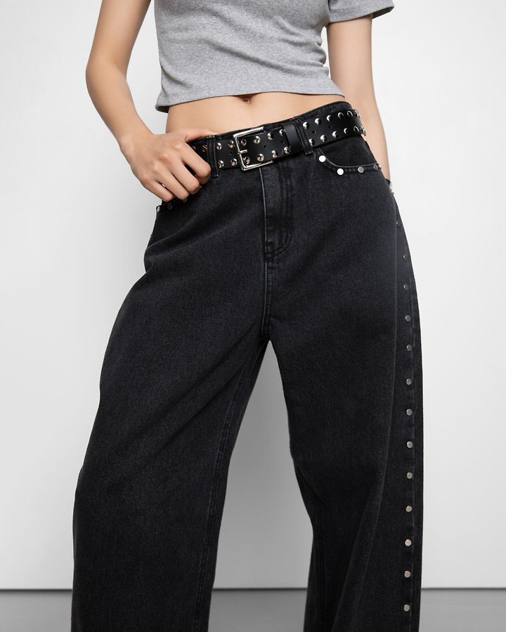 Paper Moon - Korean Women Fashion - #romanticstyle - Stud Detail Washed Black Wide Denim Pants - 6