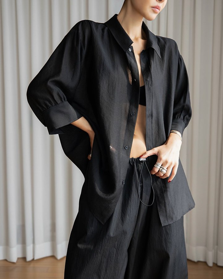 Paper Moon - Korean Women Fashion - #romanticstyle - Soft Sheer Stripe Half-Sleeve Shirt