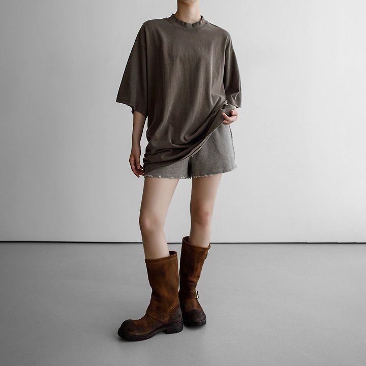 Paper Moon - Korean Women Fashion - #restrostyle - Mock Neck Ribbed Oversized Pigment Tee with Distressed Detail - 4