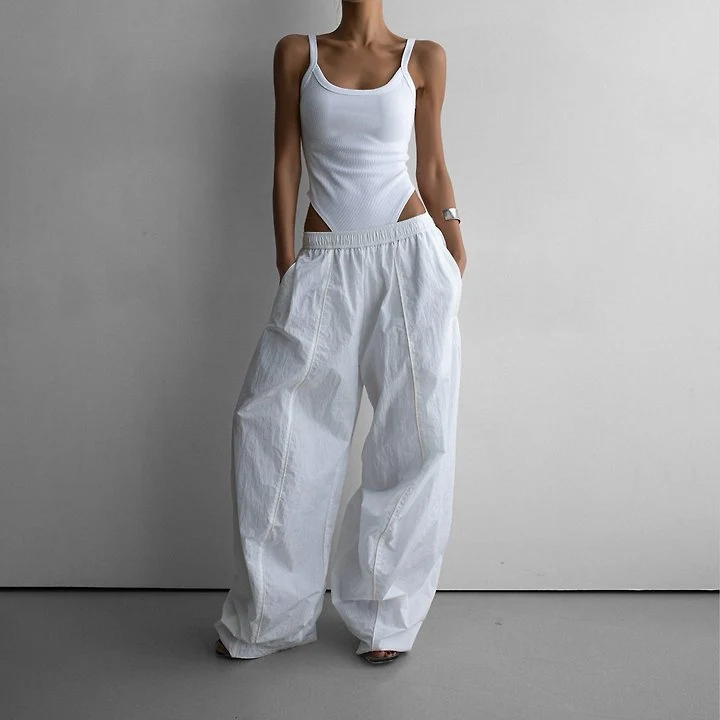 Paper Moon - Korean Women Fashion - #romanticstyle - Nylon Drawstring Wide-Leg Twist Pattern Trousers - 3