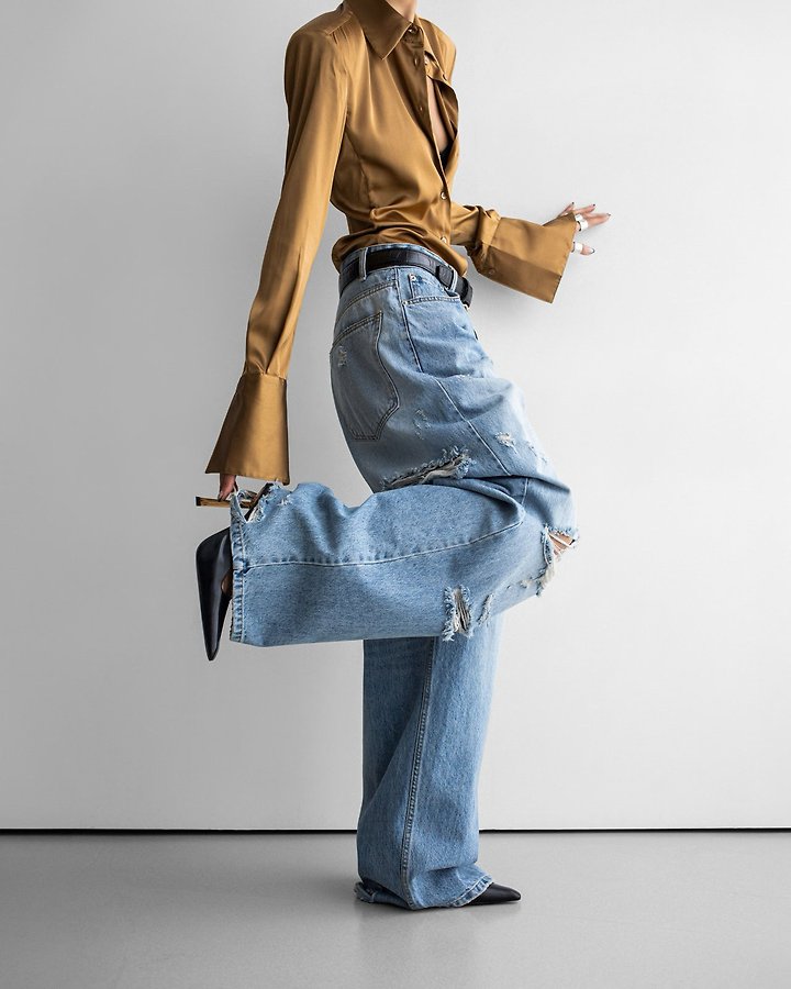Paper Moon - Korean Women Fashion - #romanticstyle - Vintage Distressed Wide-Leg Denim - 3