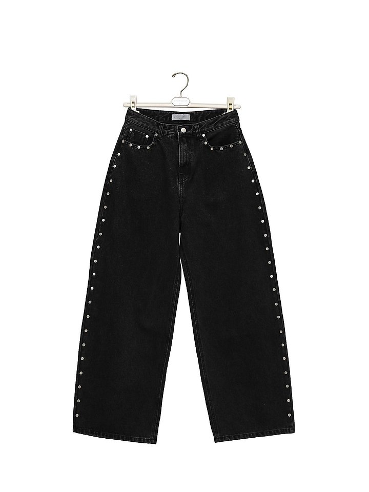 Paper Moon - Korean Women Fashion - #shopsmall - Stud Detail Washed Black Wide Denim Pants - 7