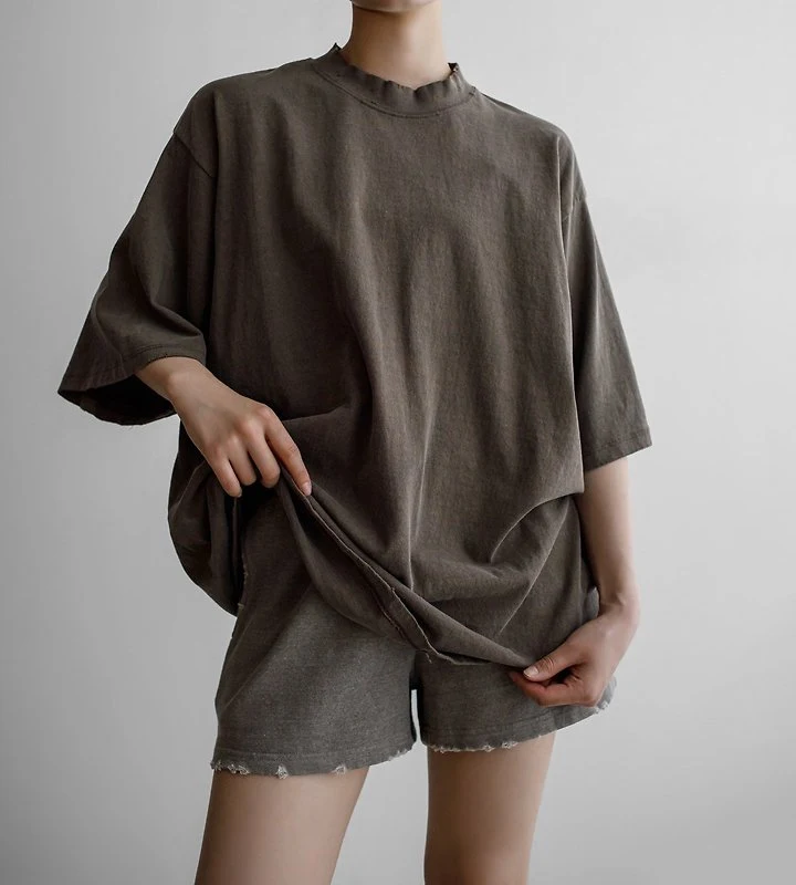 Paper Moon - Korean Women Fashion - #shopsmall - Mock Neck Ribbed Oversized Pigment Tee with Distressed Detail - 5