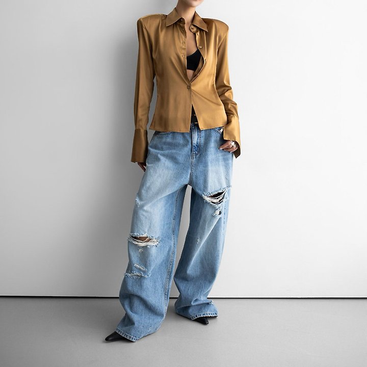 Paper Moon - Korean Women Fashion - #romanticstyle - Vintage Distressed Wide-Leg Denim - 4